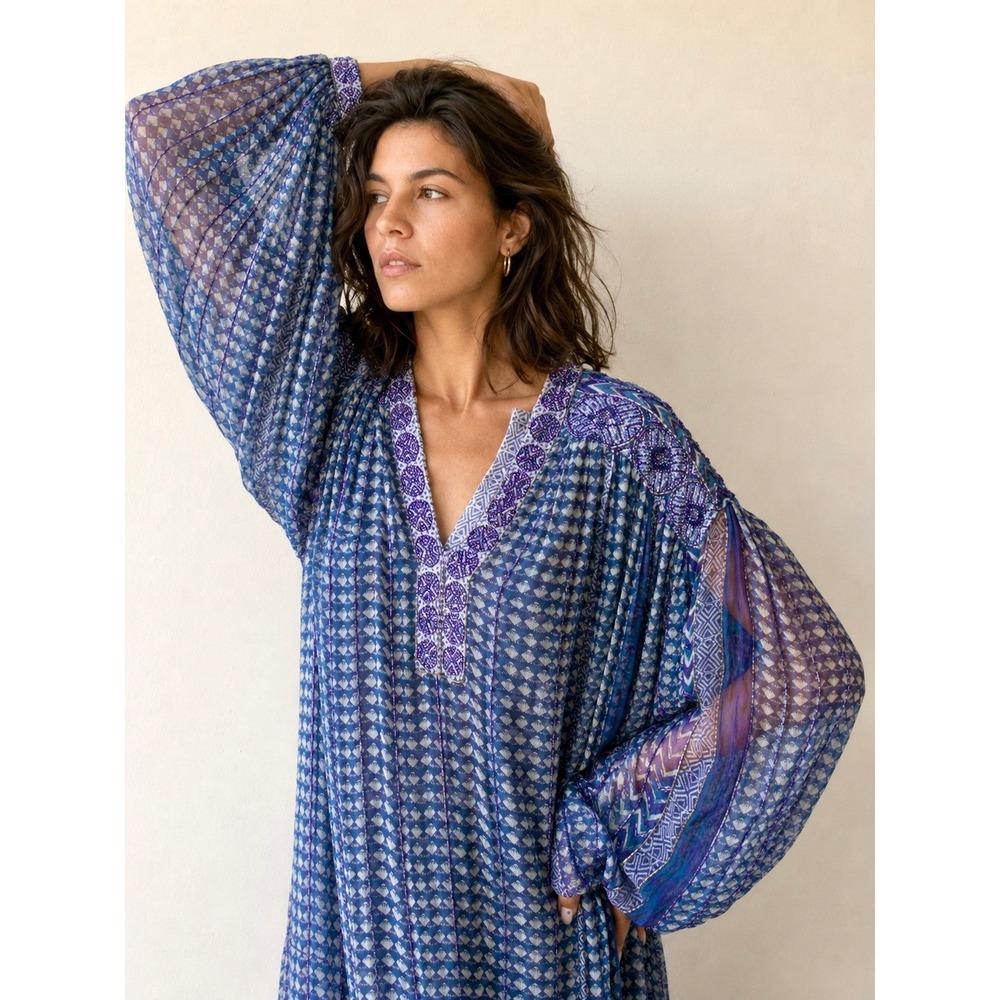 Vintage 70s Judith Ann Blue Silk Chiffon Hand Beaded Indian Kaftan Dress S M L